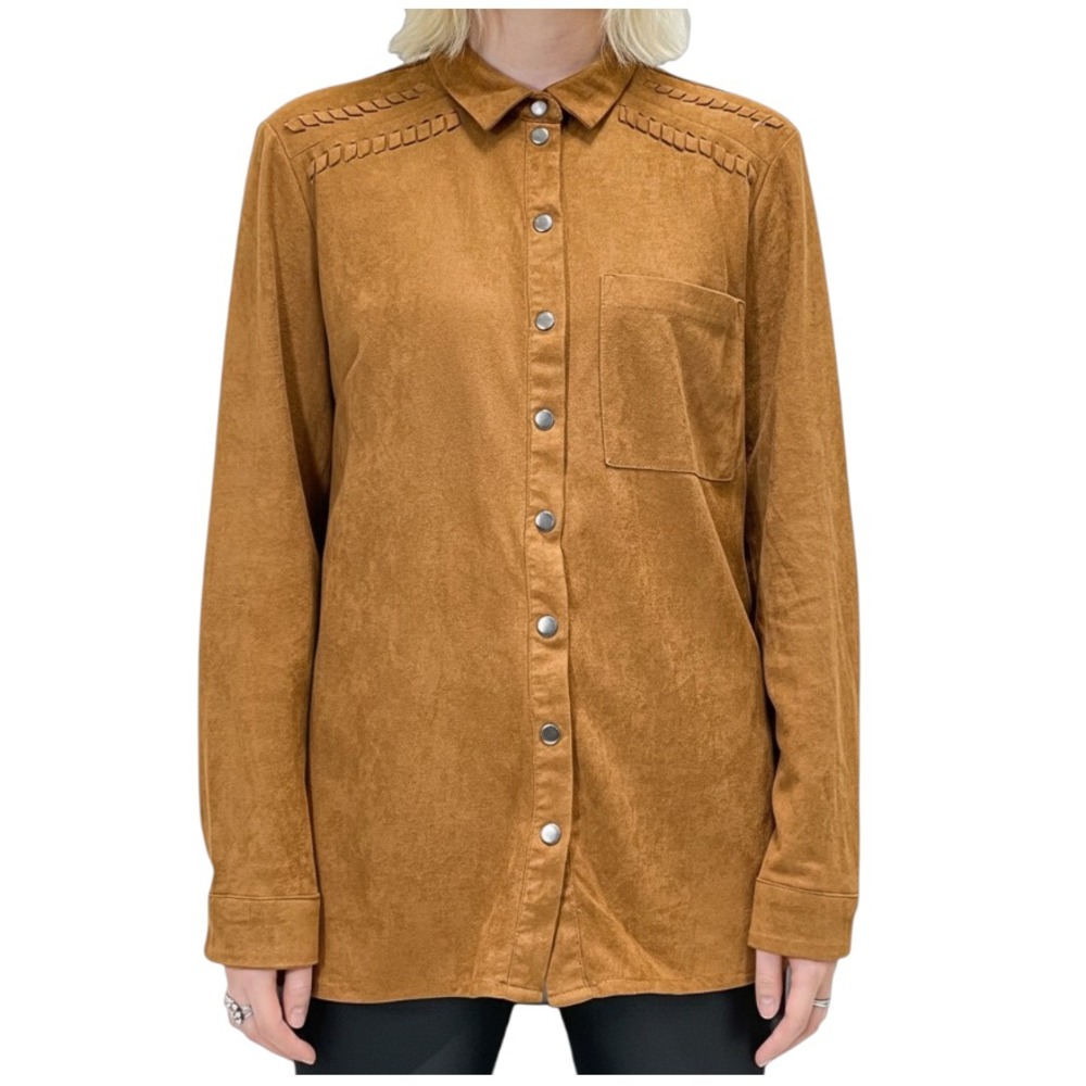 VELVET HEART Anthropologie BROWN FAUX SUEDE Button-Up Shirt Top LACED DETAILS XS